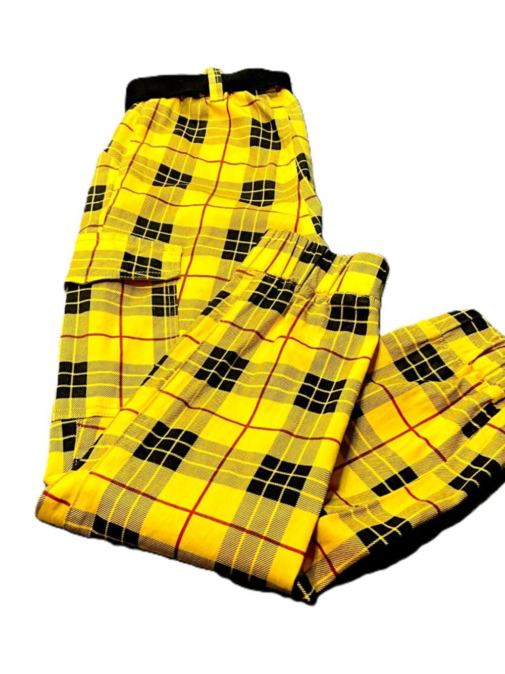 Almost Famous Yellow Plaid Cargo Jogger Pants Belted Cotton Blend Size L - Picture 3 of 10